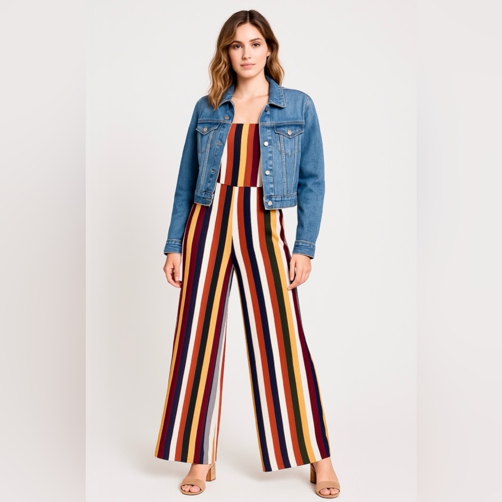 Le Lis Strapless Multicolor Stripe Wide Leg Jumpsuit – Size Small